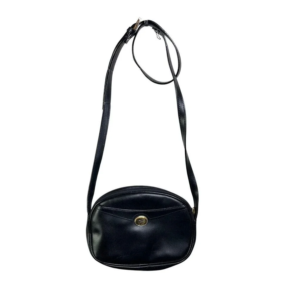 Hexagona Paris Handbag Purse  Black Oval‎ Leather Shoulder Bag Vintage Classic